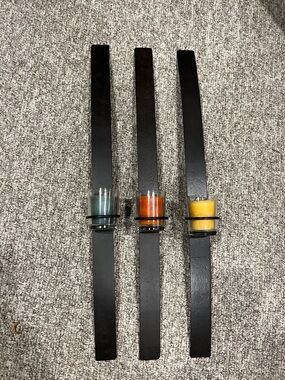 Set of 3 Black Metal Wall Candle Sconces with Votive Cups & Candles - New - 24”